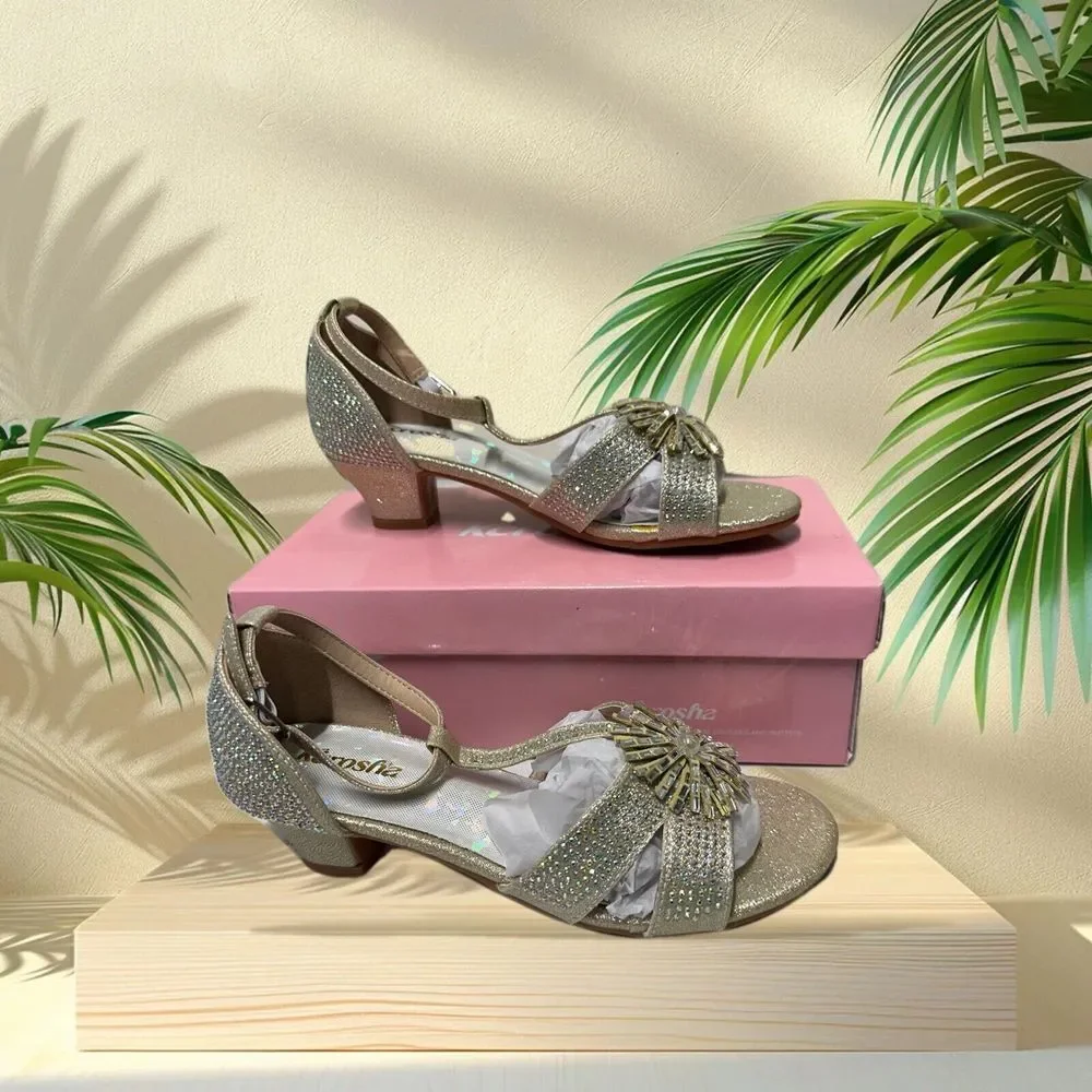 K Crosha  Big Girl's Mid Hell‎ Sandal Rhinestone Gold 4MT New !